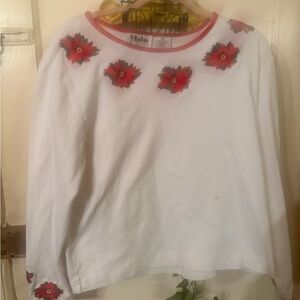 White Long Sleeve Top with Red poinsettia accents 100% cotton